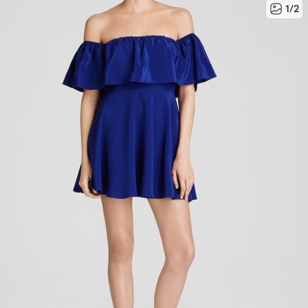 Amanda Uprichard Ruffle Off The Shoulder Silk Royal Blue Cobalt Dress Spring XS